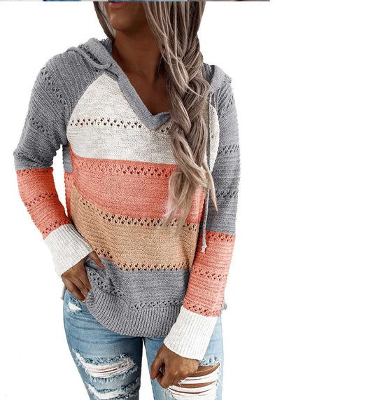 2024 New Autumn Women Patchwork Hooded Sweater Long Sleeve V-Neck Knitted Casual Striped Pullover Tops