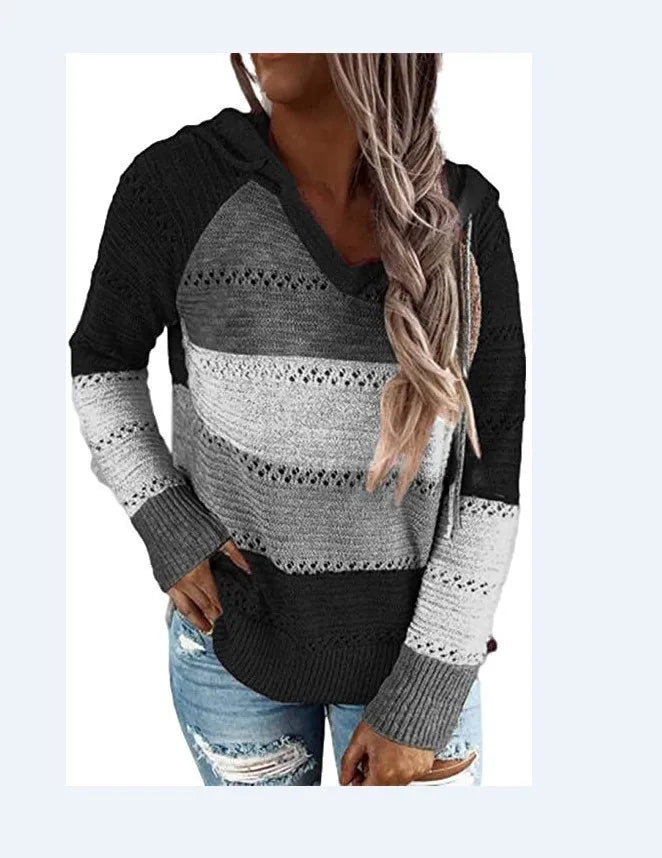 2024 New Autumn Women Patchwork Hooded Sweater Long Sleeve V-Neck Knitted Casual Striped Pullover Tops