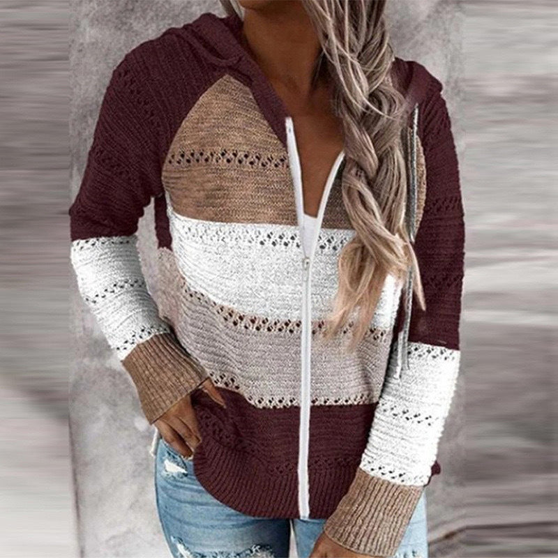 Women'S 2024 Fall Striped Color Block Hoodies Fashion V Neck Knit Sweater Pullovers