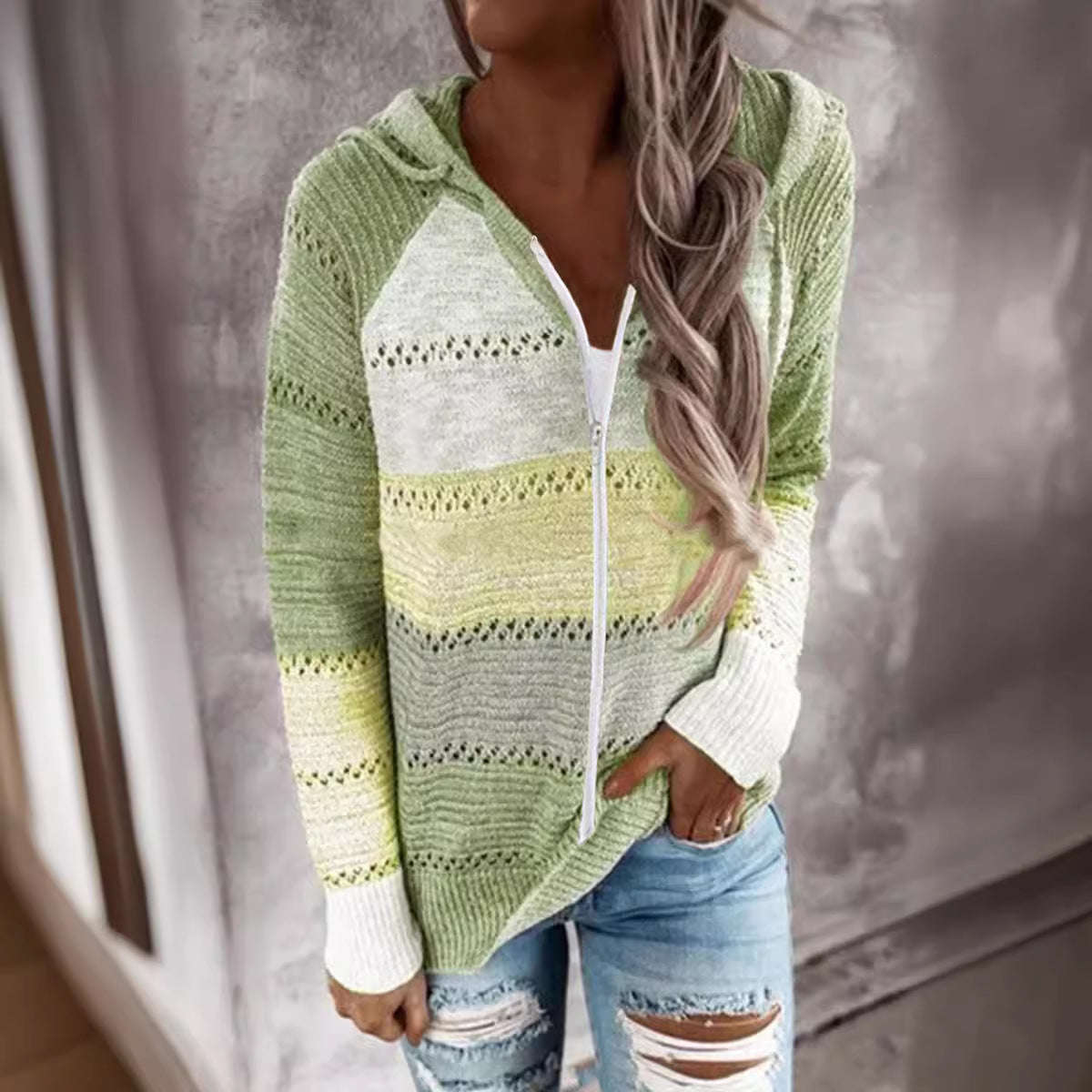 Women'S 2024 Fall Striped Color Block Hoodies Fashion V Neck Knit Sweater Pullovers